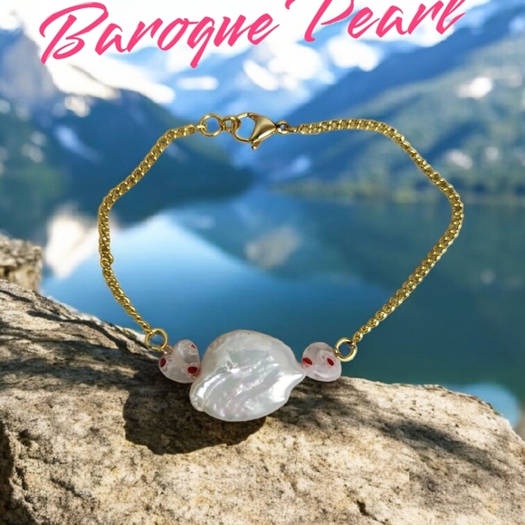 18k Gold Plated Button Freshwater Baroque Pearl Millefiori Chain Bracelet - Picture 1 of 4